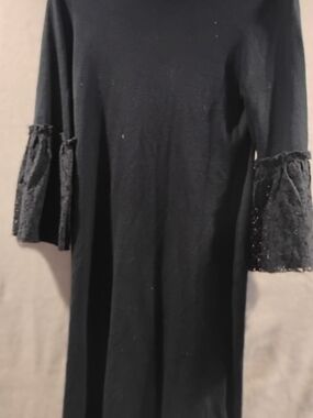 Allison Brittney Black Midi Dress with Lace Bell Sleeves
